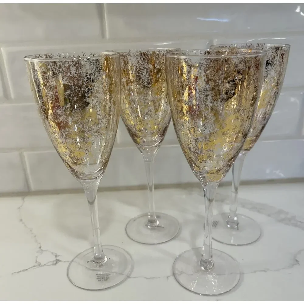 ANTHROPOLOGIE WINE GLASSES SET OF 4 Gold Foiled 9.25” Wine‎ Glasses No 53216743